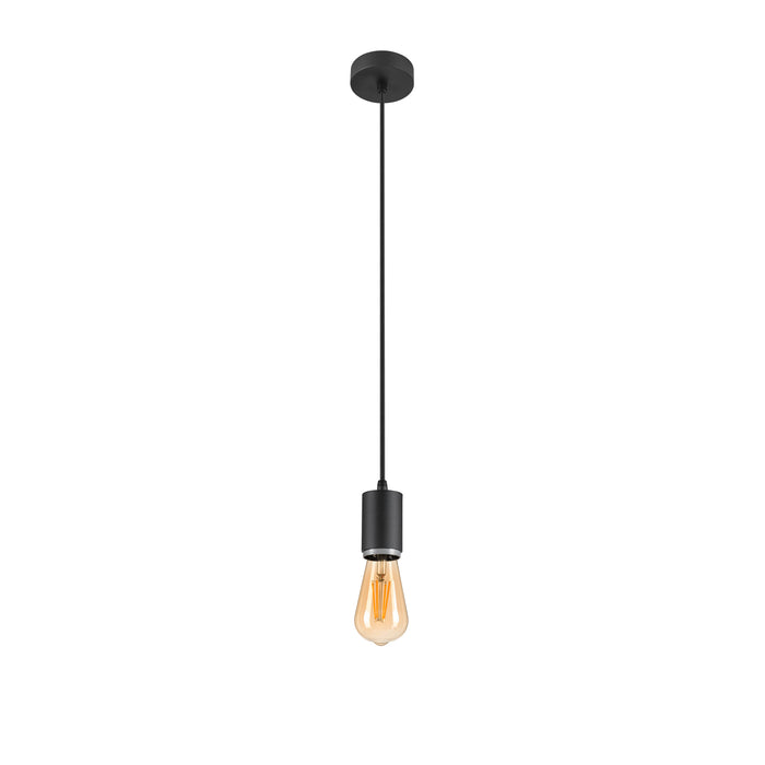 Black metal pendant light fixture with Edison bulb, ceiling mounted.