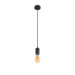 Black metal pendant light fixture with Edison bulb, ceiling mounted.