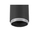 Close-up of a black, textured metal cylinder with a silver, threaded ring, likely a surface-mounted light fixture.