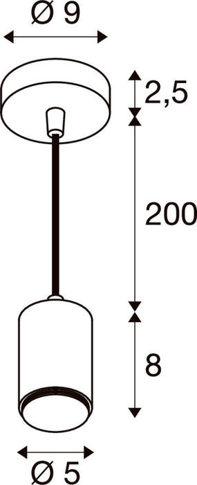Technical drawing of a ceiling-mounted pendant light fixture with dimensions.
