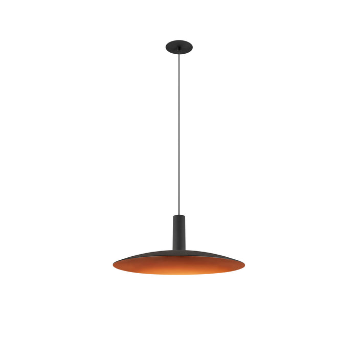 Modern pendant light fixture, black finish, with copper-colored interior shade, ceiling mounted.