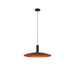 Modern pendant light fixture, black finish, with copper-colored interior shade, ceiling mounted.