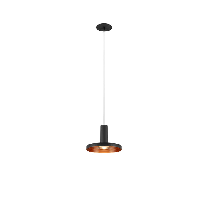 Modern pendant light fixture, black finish with copper interior.