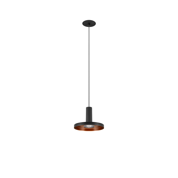 Modern pendant light fixture, black finish with copper interior, ceiling mounted.