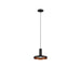 Modern pendant light fixture, black finish with copper interior, ceiling mounted.