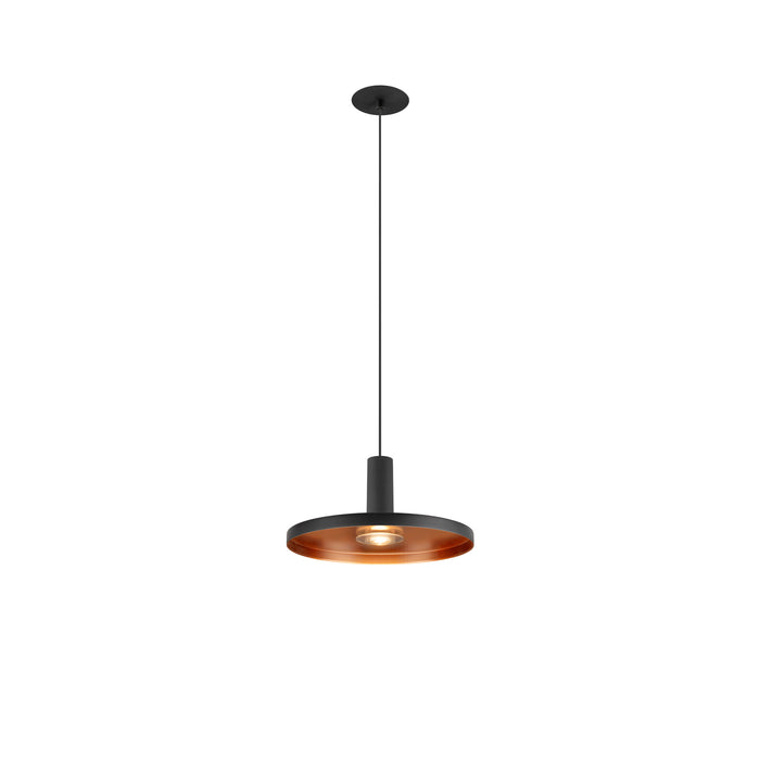 Black metal pendant light fixture with copper interior.