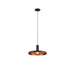 Black metal pendant light fixture with copper interior.