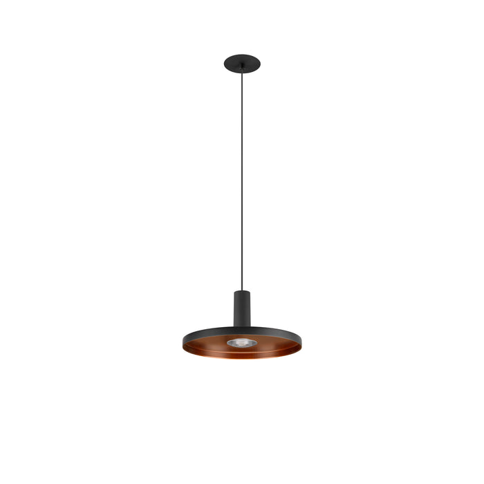 Modern pendant light fixture, metal with black finish, copper interior, ceiling mounted.