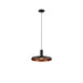 Modern pendant light fixture, metal with black finish, copper interior, ceiling mounted.