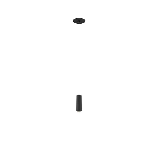 Black cylinder pendant light fixture, ceiling mounted.