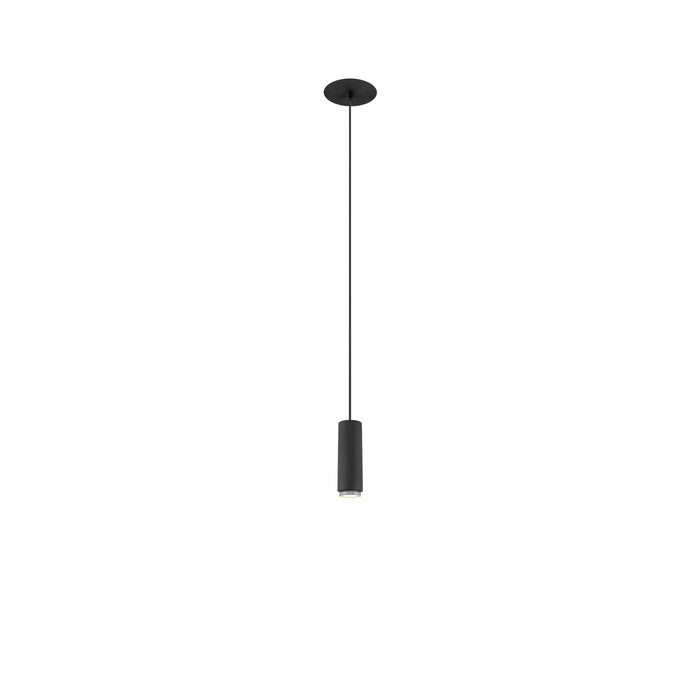 Black cylinder pendant light fixture, ceiling mounted.