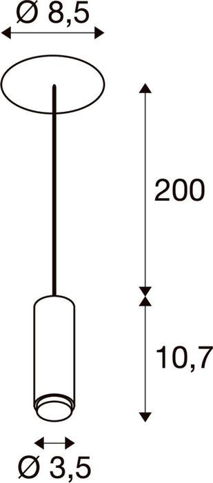 Technical drawing of a pendant light fixture with dimensions.