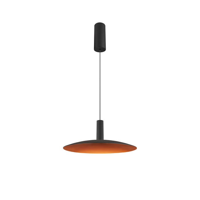 Modern black metal pendant light fixture with copper interior.