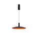 Modern black metal pendant light fixture with copper interior.