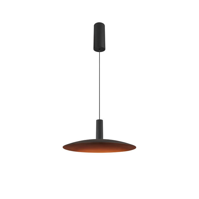 Modern pendant light fixture, metal with black finish, ceiling mounted.