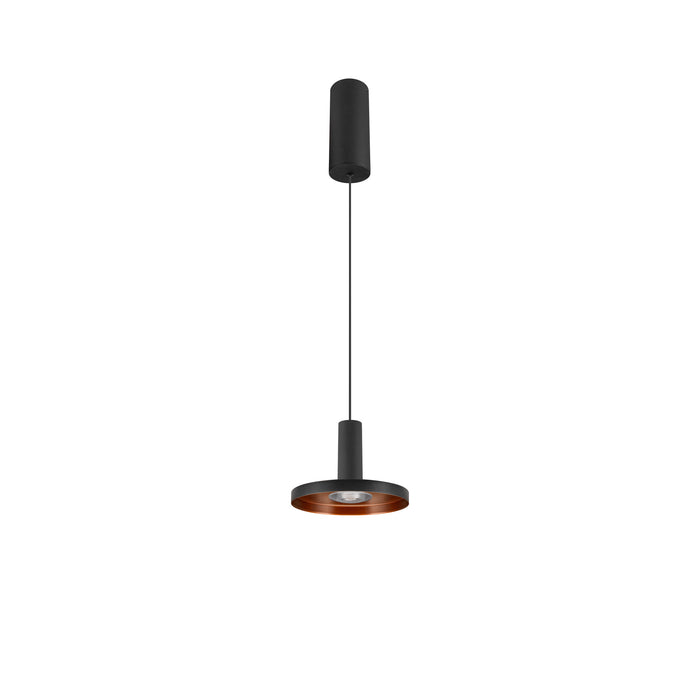 Modern black metal pendant light fixture with copper interior.