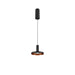 Modern black metal pendant light fixture with copper interior.