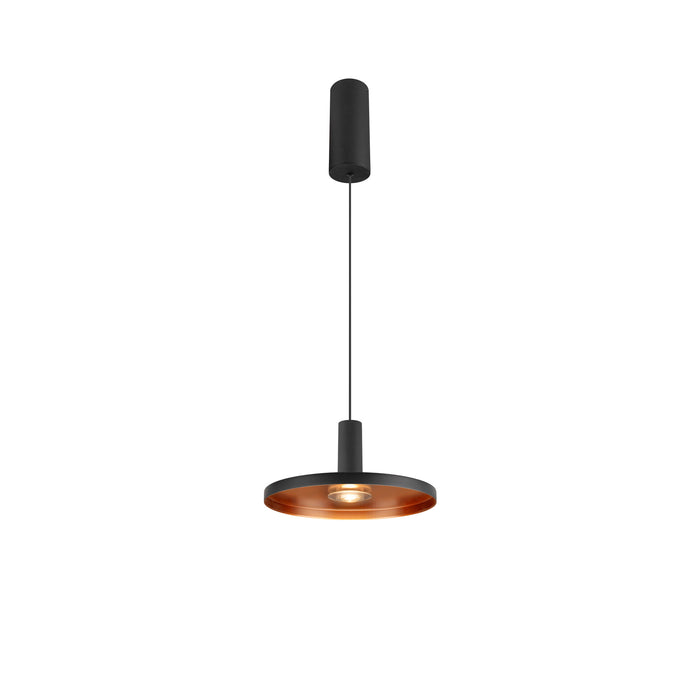 Modern pendant light fixture, black finish with copper interior, ceiling mounted.