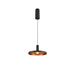 Modern pendant light fixture, black finish with copper interior, ceiling mounted.