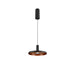 Modern pendant light fixture, black finish with copper interior, ceiling mounted.