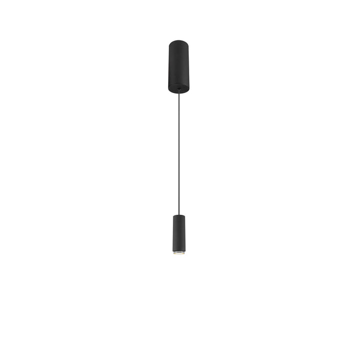 Minimalist cylinder pendant light, black finish, ceiling mounted.