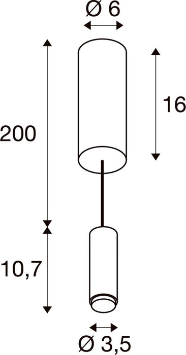 Technical drawing of a cylindrical pendant light fixture with dimensions.