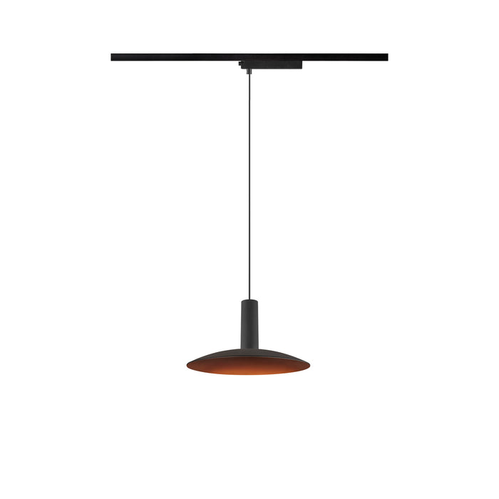 Black metal track pendant light fixture with copper-colored interior.