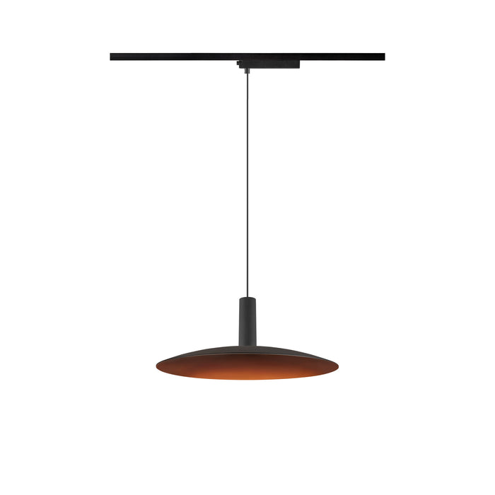 Black metal track pendant light fixture with a copper-colored shade.
