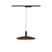 Black metal track pendant light fixture with a copper-colored shade.