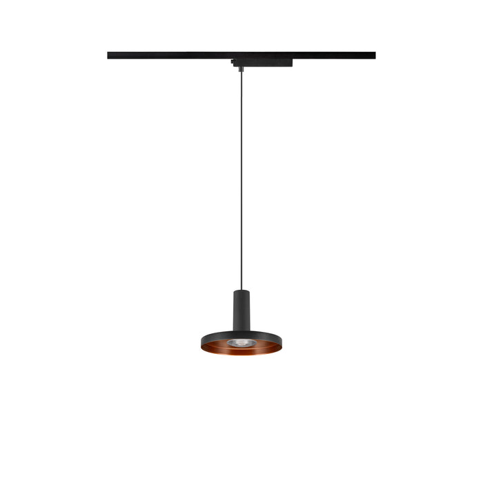 Black metal track pendant light fixture with copper interior.