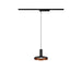 Black metal track pendant light fixture with copper interior.
