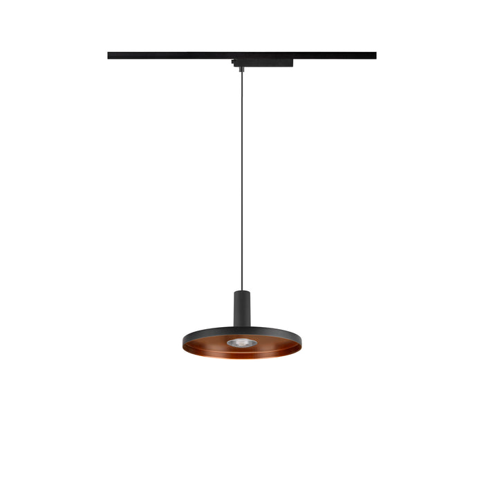 Black metal track pendant light with copper interior.