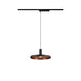 Black metal track pendant light with copper interior.