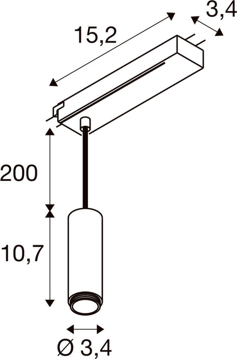 Technical drawing of a track-mounted pendant light fixture with dimensions.