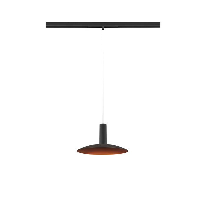 Black metal track lighting pendant with copper-colored interior shade.
