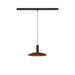 Black metal track lighting pendant with copper-colored interior shade.