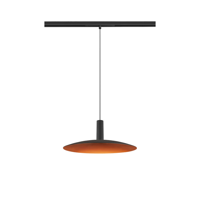 Black metal track lighting pendant with a copper-colored interior.