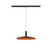 Black metal track lighting pendant with a copper-colored interior.