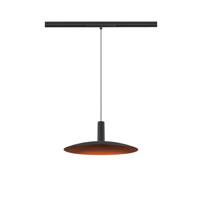 Metal track pendant light fixture, black finish with copper-colored shade.