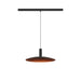 Metal track pendant light fixture, black finish with copper-colored shade.