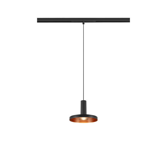 Black metal track pendant light fixture with copper interior.