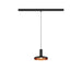 Black metal track pendant light fixture with copper interior.