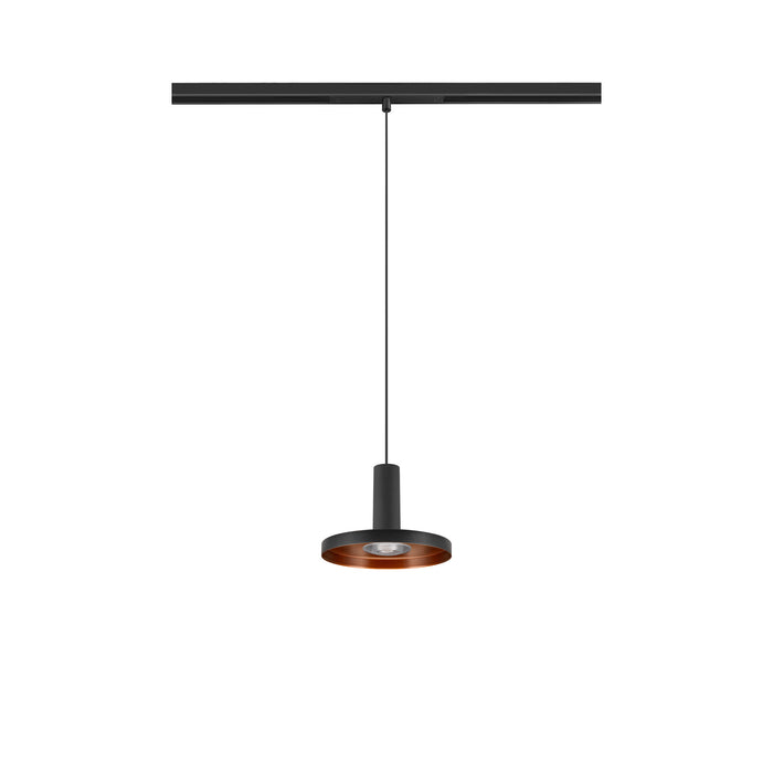 Black metal track lighting pendant with copper interior.