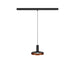 Black metal track lighting pendant with copper interior.