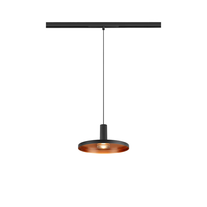 Black metal track lighting pendant with copper interior.
