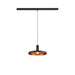 Black metal track lighting pendant with copper interior.