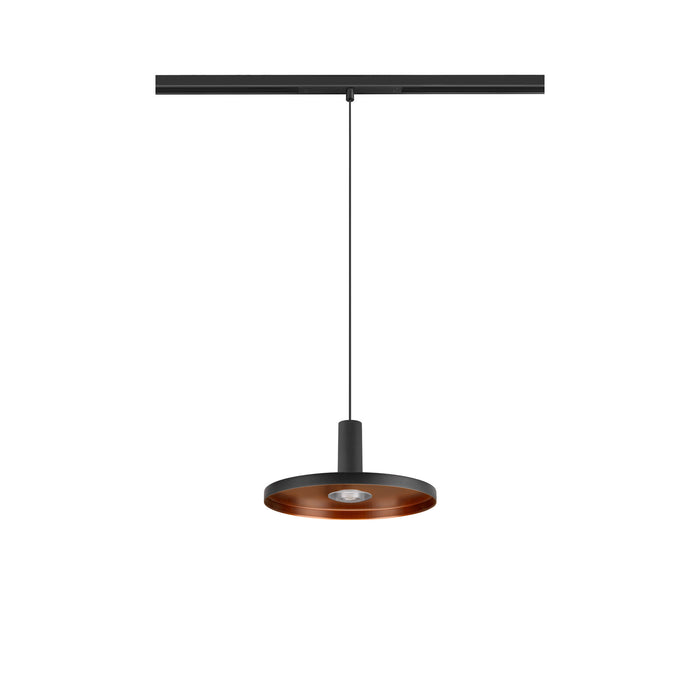 Black and copper metal pendant light fixture, track mounted.
