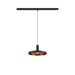 Black and copper metal pendant light fixture, track mounted.