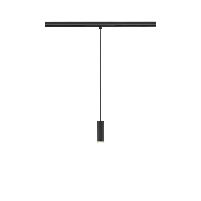 Black cylinder pendant light fixture on track mount.