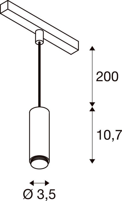 Technical drawing of a ceiling-mounted pendant light fixture with dimensions.